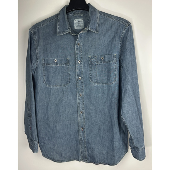 L.L. Bean Button Down Denim Pocket Shirt Long Sleeve Cotton Top Men's Size M - Picture 2 of 12